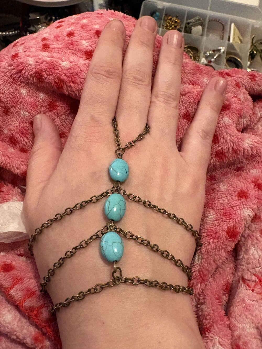 Hand Chain Bracelet with Turquoise Beads Bronze Chain Adjustable